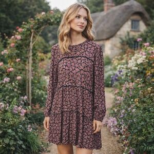 Knox rose dress xs red black floral long sleeve short fall peasant prairie boho